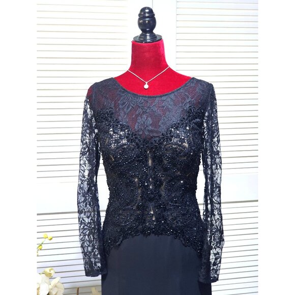 MGNY Women Black Long Sleeve Lace & Beaded Gown Formal Evening Dress Sz 10 2580 - Picture 11 of 16